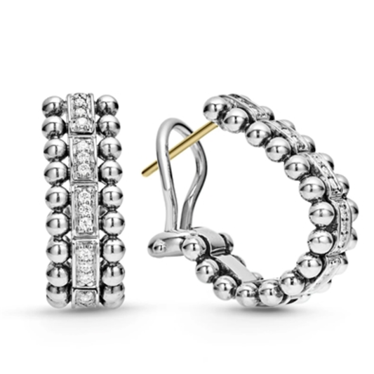 BEADED DIAMOND HUGGIE EARRINGS, STERLING SILVER