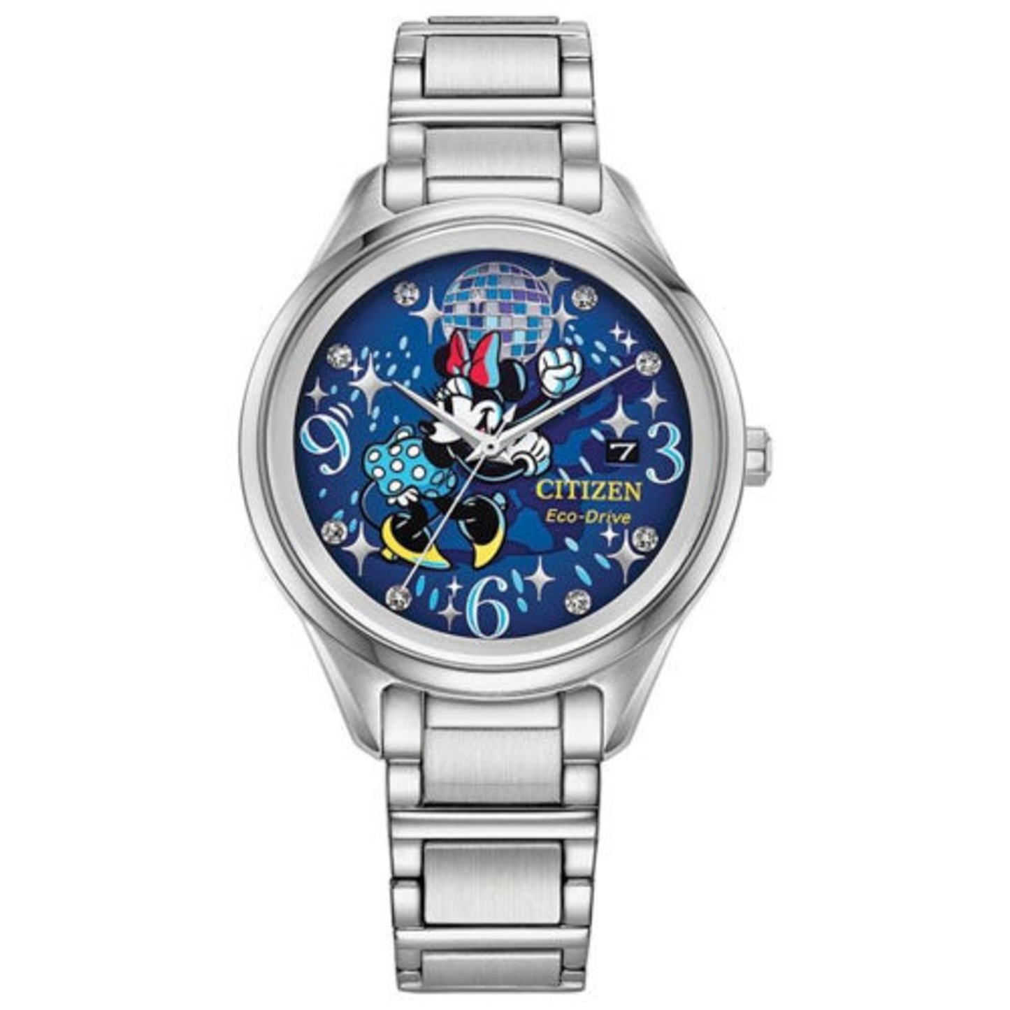 LADIES' DANCING MINNIE ECO-DRIVE SILVER-TONE STAINLESS STEEL WATCH, BLUE DIAL
