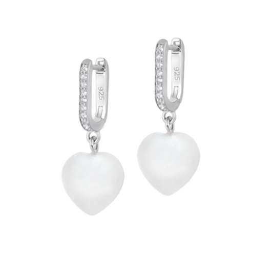 STERLING SILVER PEARL HEART EARRINGS, SILVER, 8MM