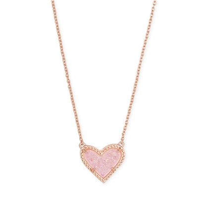 ARI HEART SHORT PENDANT NECKLACE, ROSE GOLD PINK DRUSY