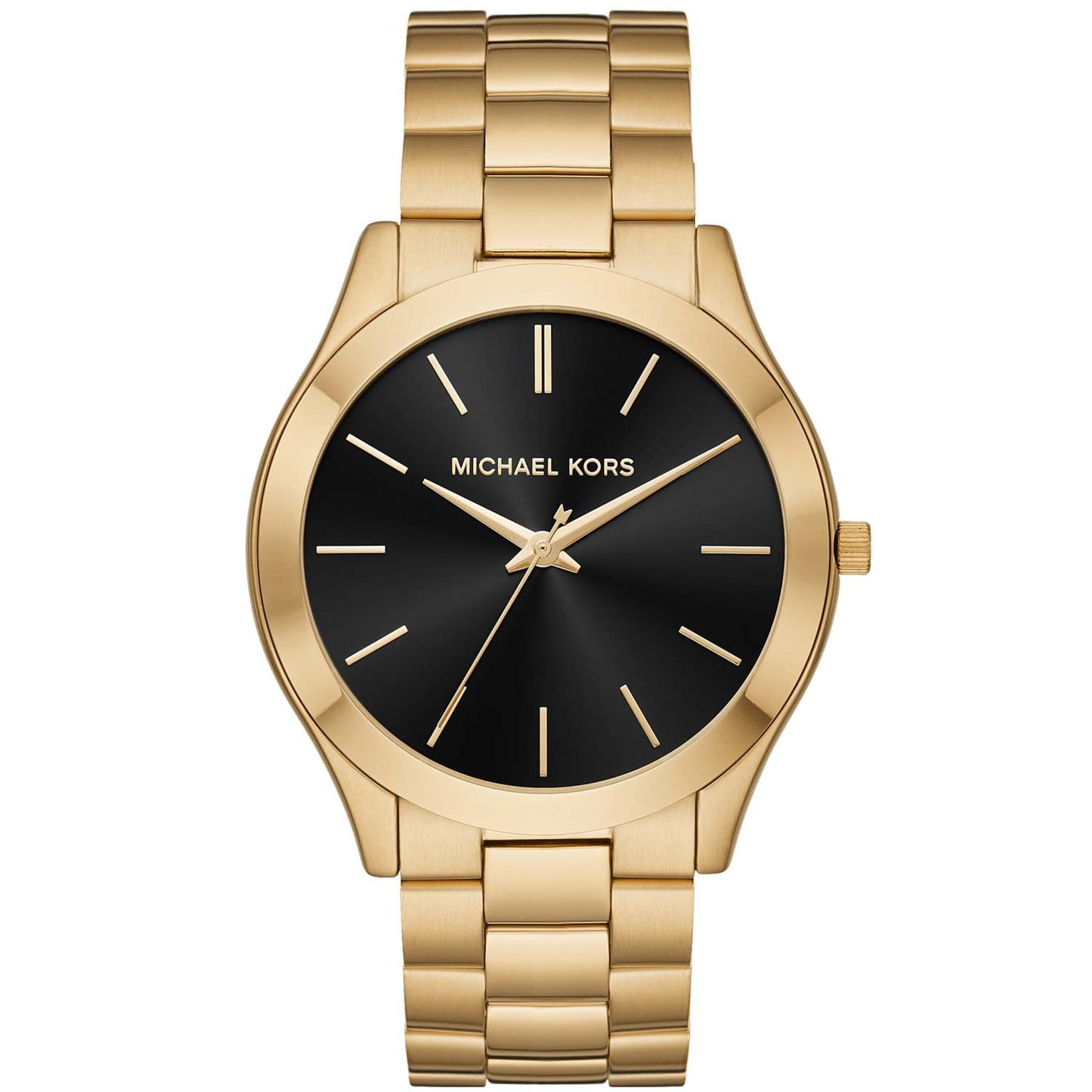 MENS SLIM RUNWAY GOLD-TONE STAINLESS STEEL WATCH BLACK DIAL