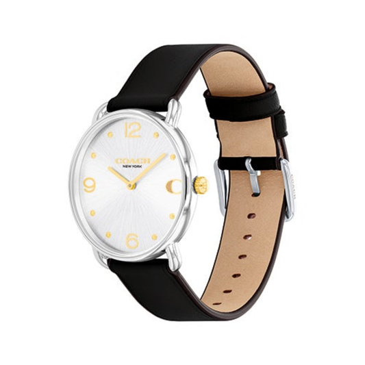 LADIES' ELLIOT BLACK LEATHER STRAP WATCH, SILVER DIAL