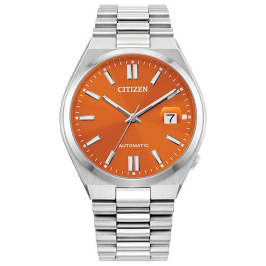 MEN'S TSUYOSA AUTOMATIC SILVER-TONE STAINLESS STEEL WATCH, ORANGE DIAL
