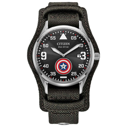 MEN'S CAPTAIN AMERICA FOREVER ECO-DRIVE GRAY CORDURA STRAP WATCH, BLACK DIAL