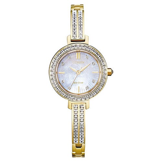 LADIES SILHOUETTE CRYSTAL ECO-DRIVE GOLD-TONE WATCH MOTHER-OF-PEARL DIAL