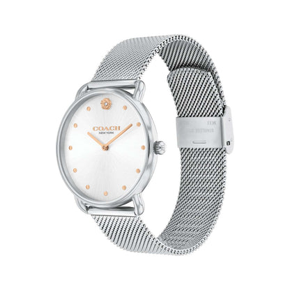 LADIES' ELLIOT SILVER-TONE STAINLESS STEEL MESH WATCH, SILVER DIAL