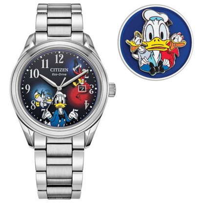 MEN'S FEISTY DONALD DUCK 90TH ANNIVERSARY ECO-DRIVE SILVER SS WATCH, BLUE DIAL