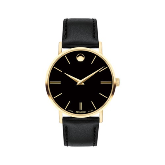 MENS CORPORATE EXCLUSIVE GOLD AND BLACK LEATHER STRAP WATCH BLACK DIAL