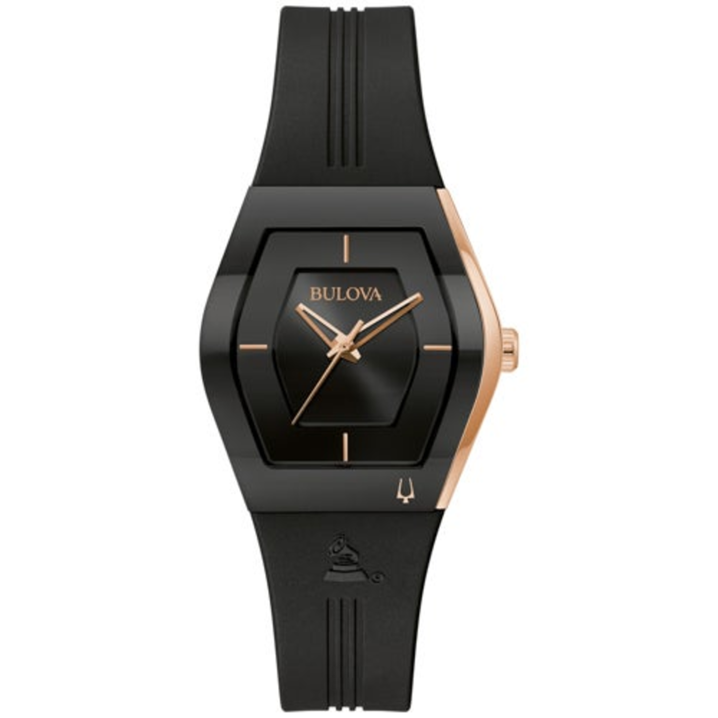 LADIES' GEMINI LATIN GRAMMY BLACK & ROSE GOLD SILICONE STRAP WATCH, BLACK DIAL