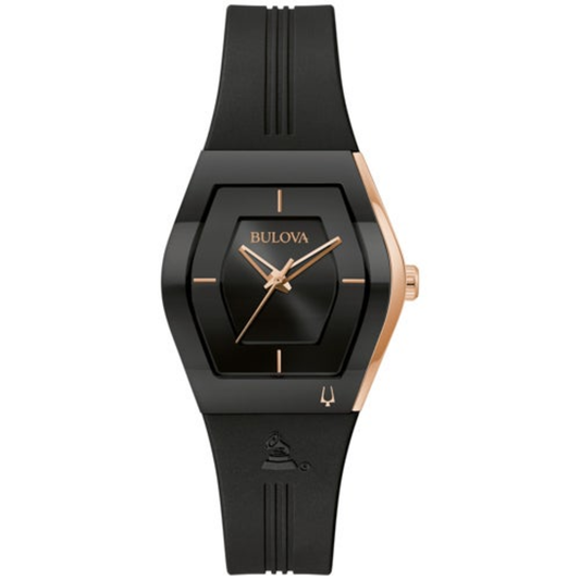 LADIES' GEMINI LATIN GRAMMY BLACK & ROSE GOLD SILICONE STRAP WATCH, BLACK DIAL