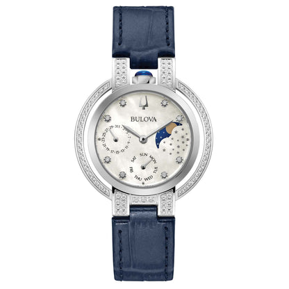 LADIES' RUBAIYAT DIAMOND NAVY LEATHER STRAP WATCH, MOTHER-OF-PEARL DIAL