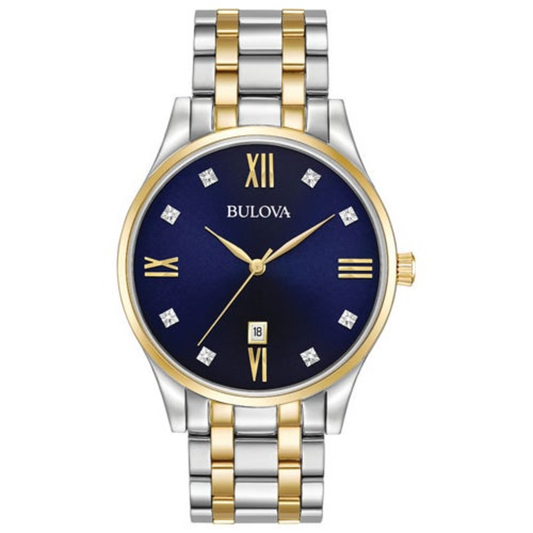 MENS DIAMOND TWO-TONE STAINLESS STEEL WATCH DARK BLUE DIAL