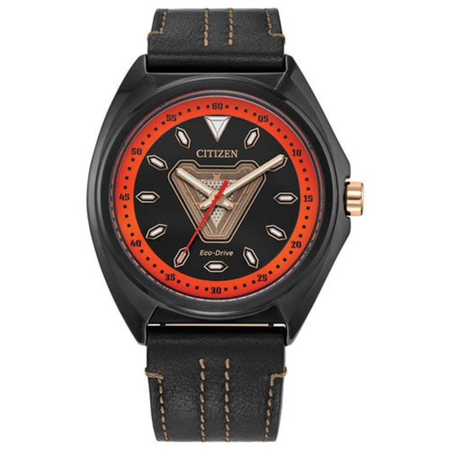 MEN'S MARVEL TONY STARK '63 ECO-DRIVE BLACK LEATHER STRAP WATCH, BLACK DIAL