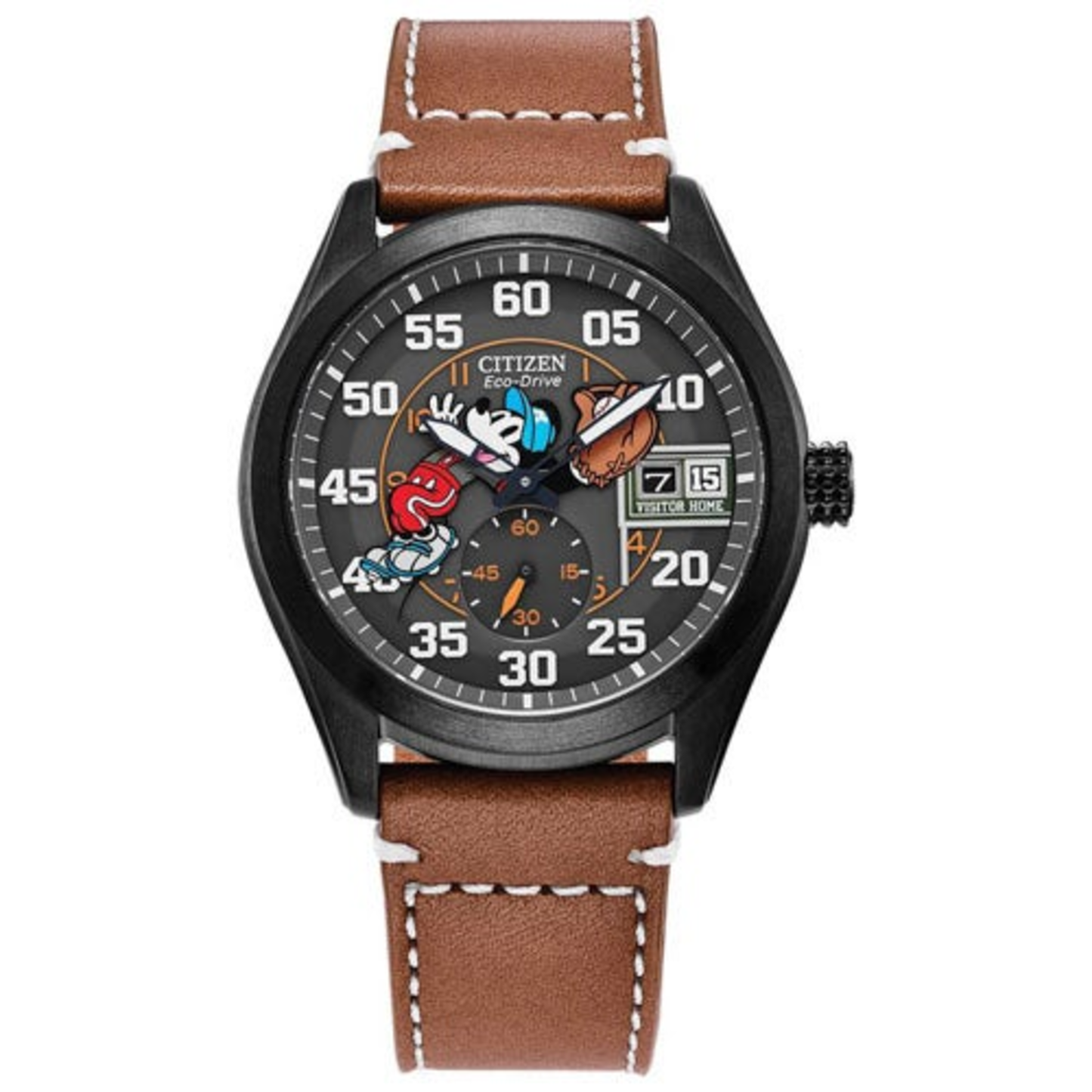MEN'S BATTER'S UP MICKEY ECO-DRIVE BROWN LEATHER STRAP WATCH, BLACK DIAL