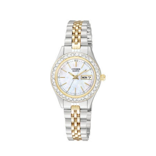 WOMENS TWO TONE STAINLESS STEEL WATCH WITH CRYSTAL BEZEL