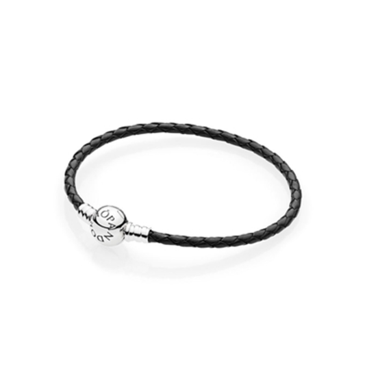 BLACK BRAIDED LEATHER BRACELET, BLACK, 6.9"