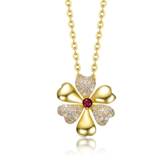 14K YELLOW GOLD RED FLOWER NECKLACE, RED, 18"