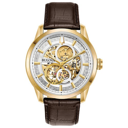 MENS SUTTON AUTOMATIC BROWN LEATHER STRAP WATCH SKELETON DIAL