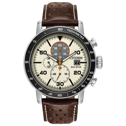 MENS BRYCEN ECO-DRIVE MULTI-DIAL BROWN LEATHER WATCH IVORY