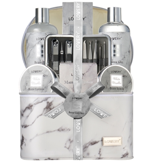 WHITE MARBLE SCENTED MASSAGE KIT, SILVER, 19 PIECES
