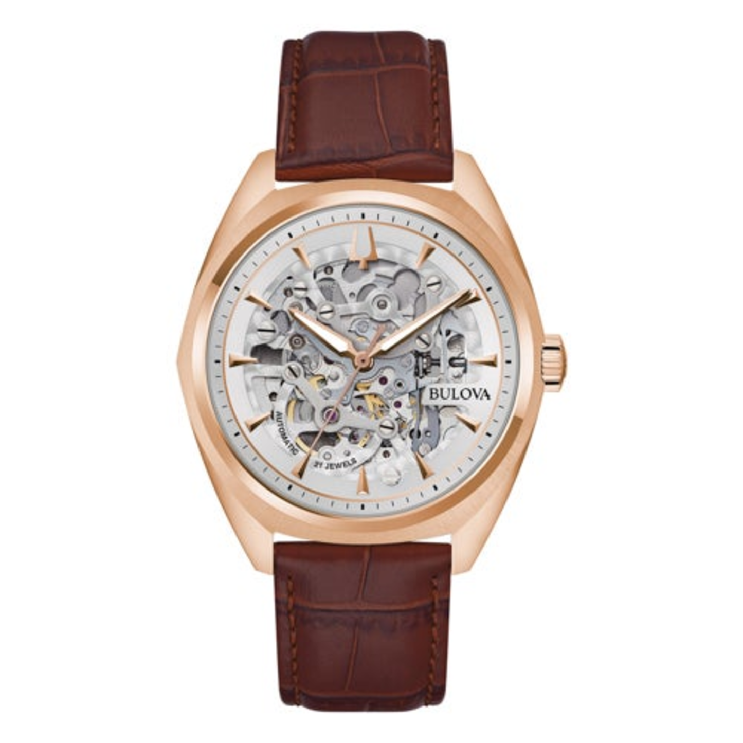 MEN'S SURVEYOR AUTOMATIC BROWN LEATHER STRAP WATCH, SILVER SKELETON DIAL
