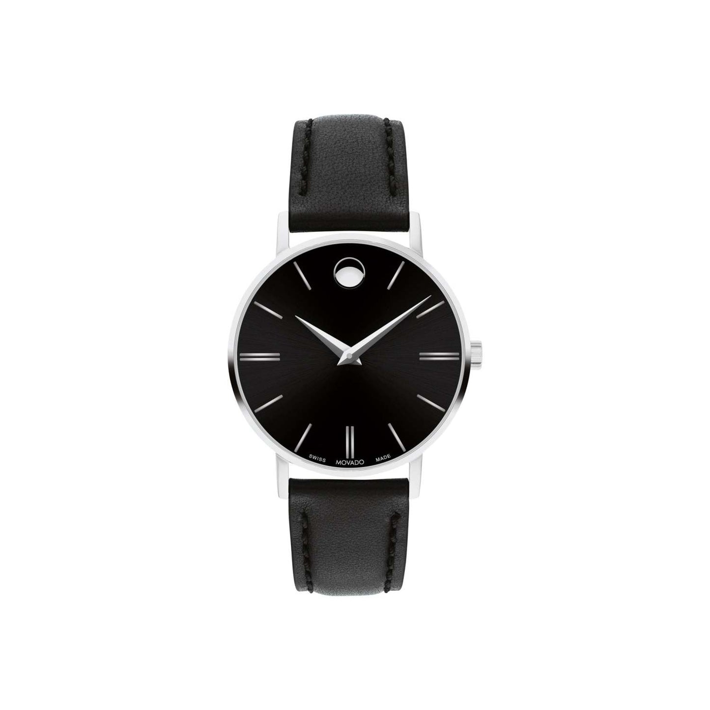 LADIES CORPORATE EXCLUSIVE SILVER & BLACK LEATHER STRAP WATCH BLACK DIAL