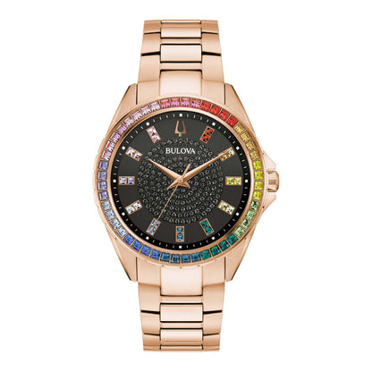 LADIES' PHANTOM RAINBOW CRYSTAL ROSE GOLD-TONE STAINLESS STEEL WATCH, BLACK DIAL